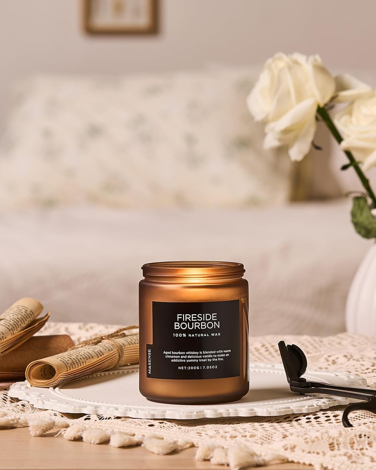 M&SENSE Fireside Bourbon Jar Candle, Clean Non-Toxic Soy Wax Campfire Candle Smoky Candle, Cotton Fall Scented Candle for Home Decor, 7.05oz Up to 50 Hours Burn Time Aromatherapy Candle for Bathroom - Image 6