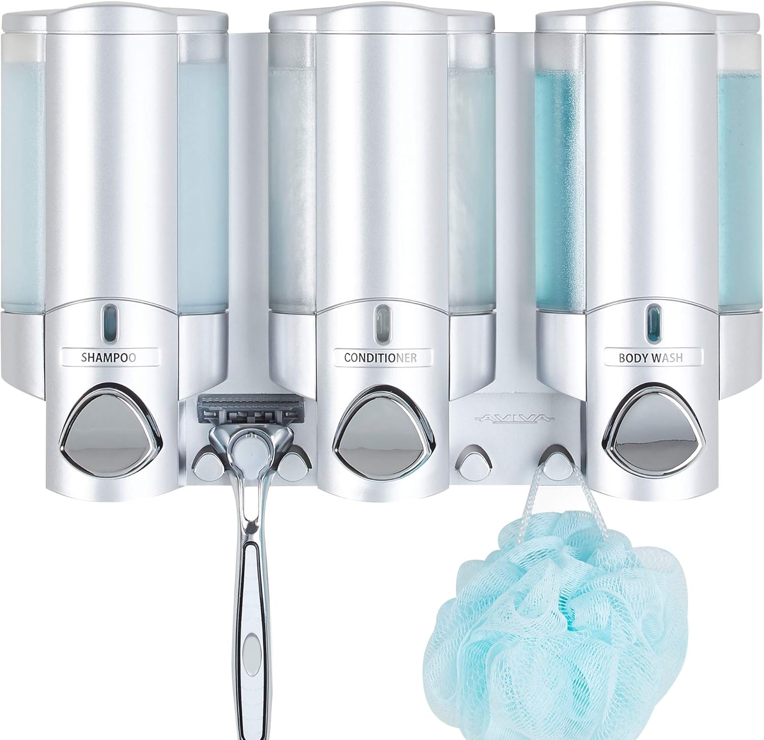 Better Living Products 76335-1 Aviva 3 Chamber Wall Mount Soap and Shower Dispenser, Satin SilverChrome & Products 76245-1 Aviva Two Chamber Dispenser, Chrome - Image 4