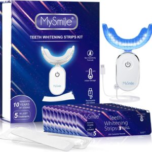 MySmile Non-Sensitive 10Pcs Teeth Whitening Strips Kit with Waterproof 28X LED Light 10-Min Fast Remove Coffee Wine Tobacco 20 Years of Stains Whitening Tooth Care Oral Safe for Enamel