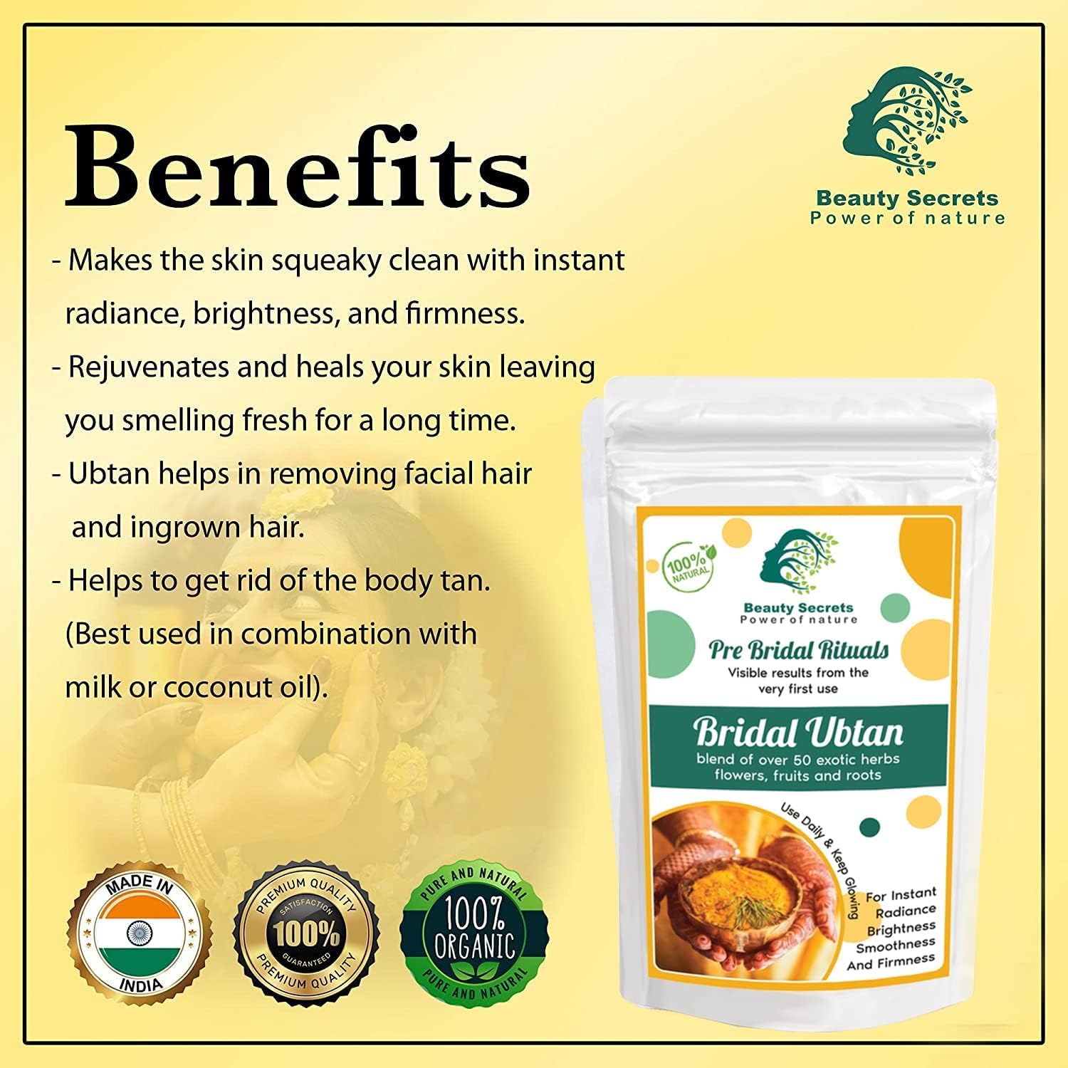 Ayurvedic Bridal Ubtan Powder 100gm for Skin Radiance and Tan Removal with Hibiscus, Sandalwood, Vetiver, and Kasturi Manjal for All Skin Types - Image 3