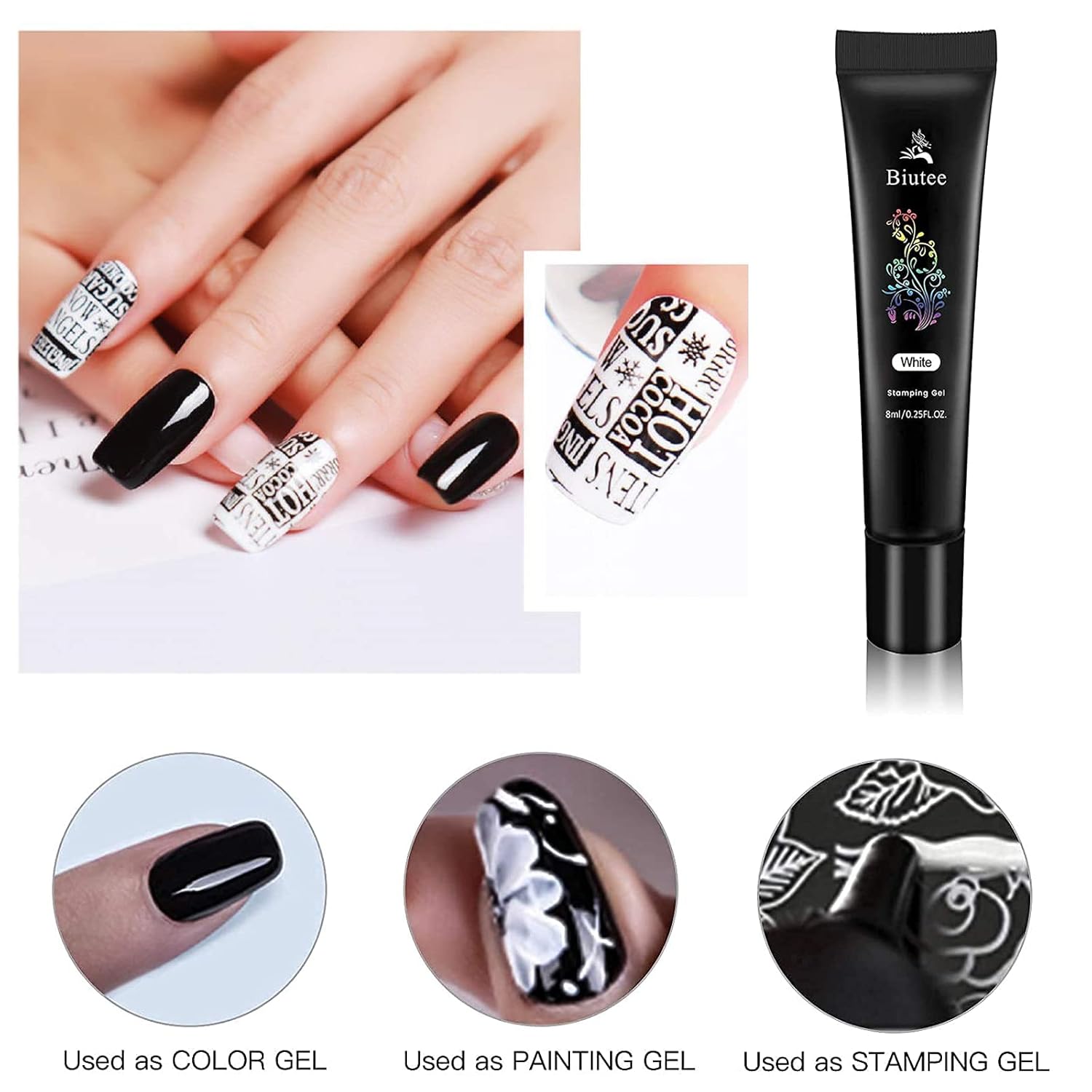 Nail Stamping Gel Polish, 8 Colors Stamping Polish Red Black White Purple Blue Silver Soak Off Printed Polish UV Stamp Nail Polish for Nail Stamp Plate Stamper DIY Nail Art Design - Image 5