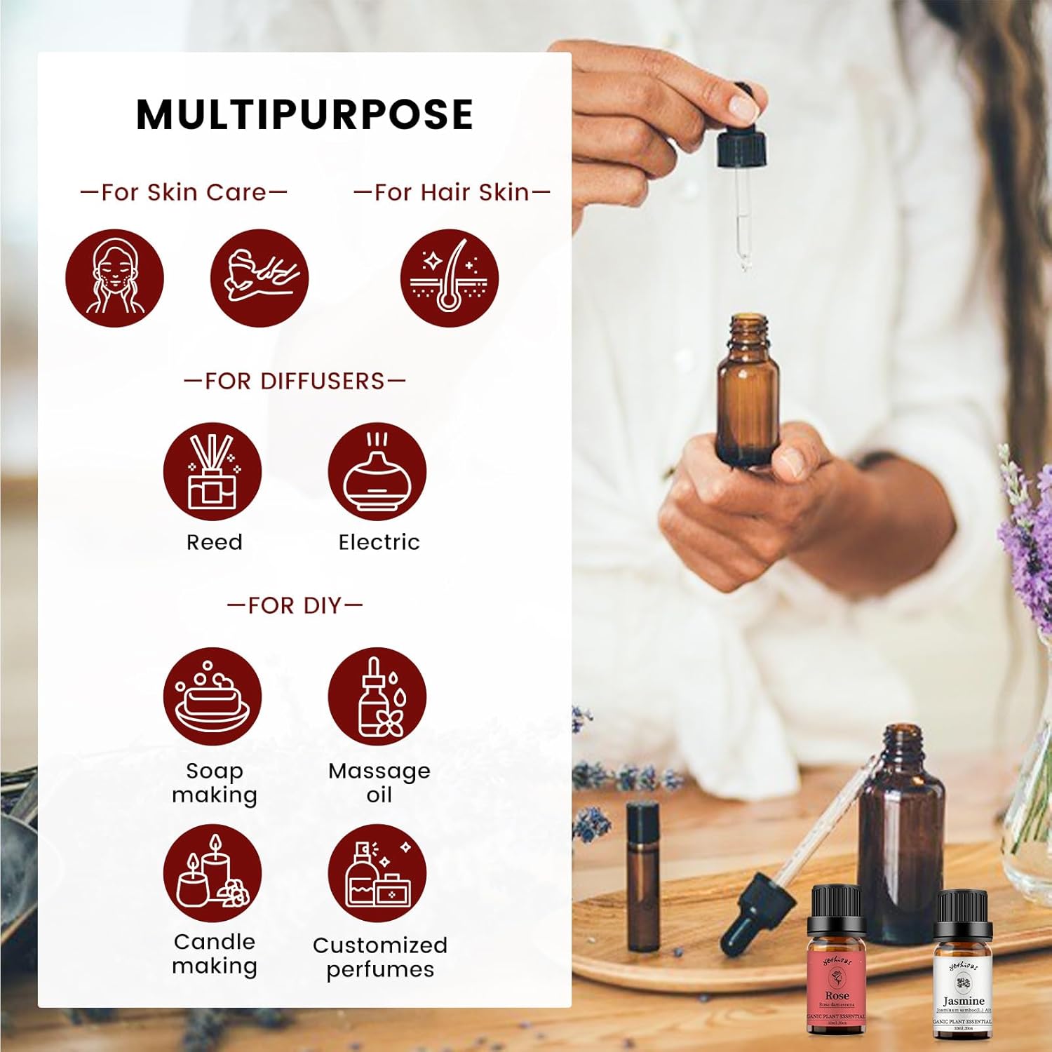 yethious Rose Essential Oil Jasmine Essential Oil for Diffuser, Hair, Skin, Body, Face, Perfume, Soap, Candle Making Rose Fragrance Oil Set Jasmine Oil Organic 2 X 10ML - Image 5