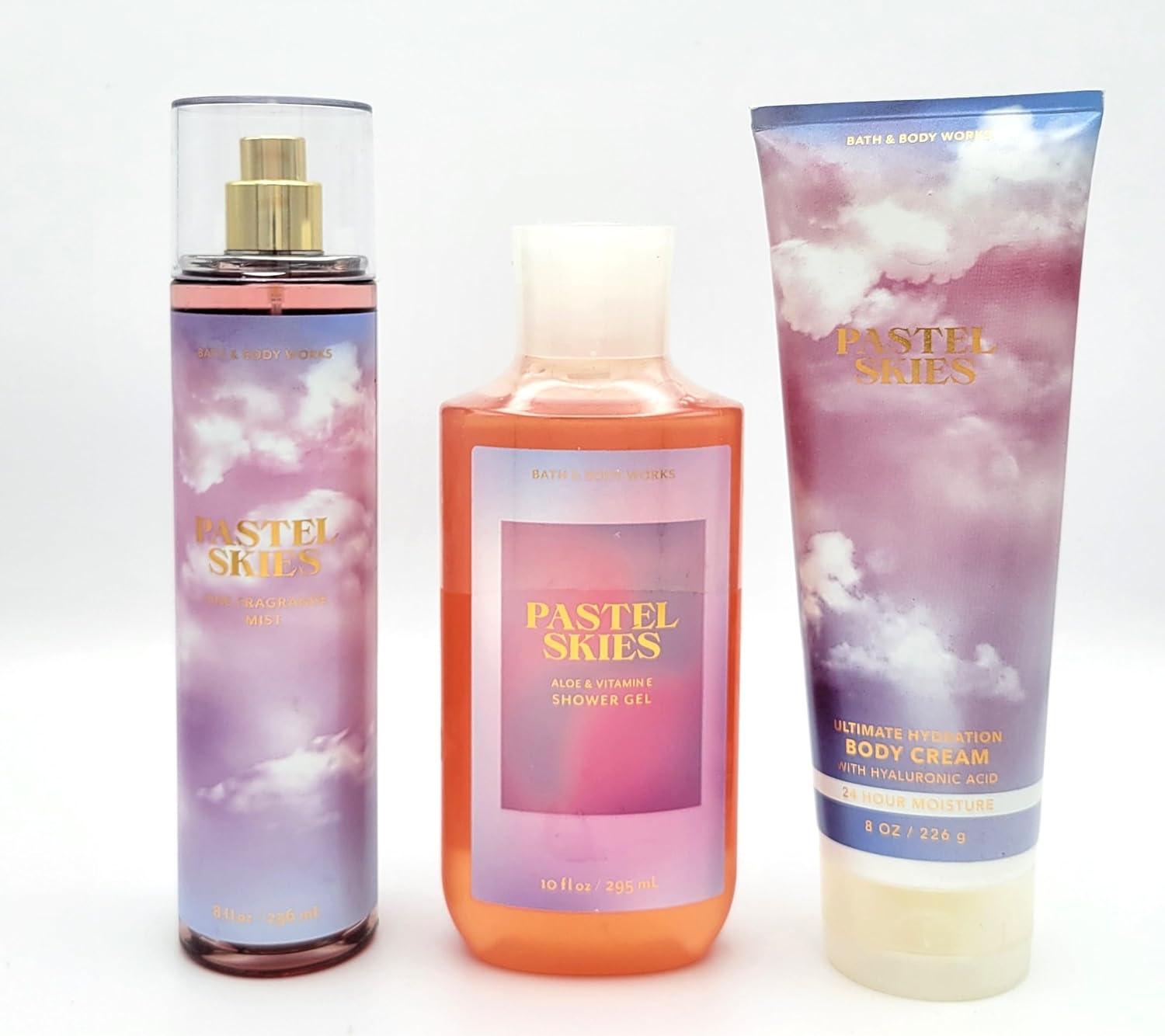 Pastel Skies Bath & Body 3 pc- Bundle Set, Fragrance Mist 8 fl oz, Shower Gel 10 fl oz, Body Cream 8 oz
