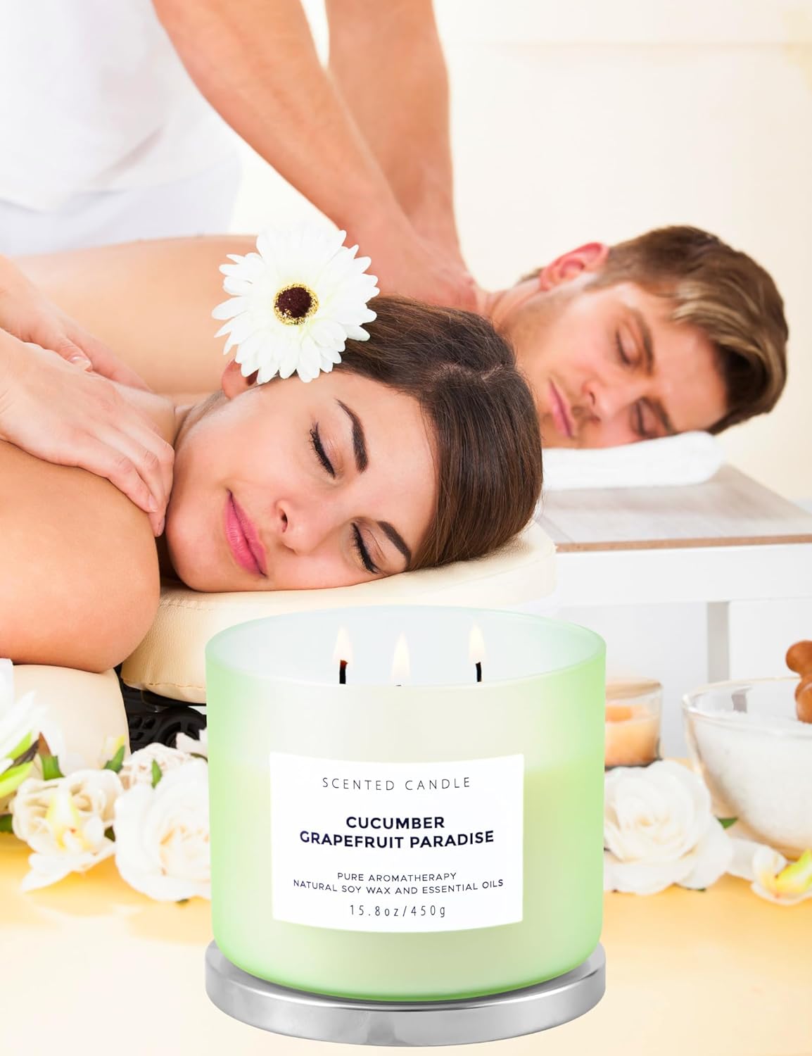 Cucumber Grapefruit Melon Scented Candle | Large 3 Wick Soy Candle for Home 15.8 oz | Refreshing Spring & Summer Aromatherapy Stress Relief Candles Long Lasting | Relaxing Candles for Women & Men - Image 3