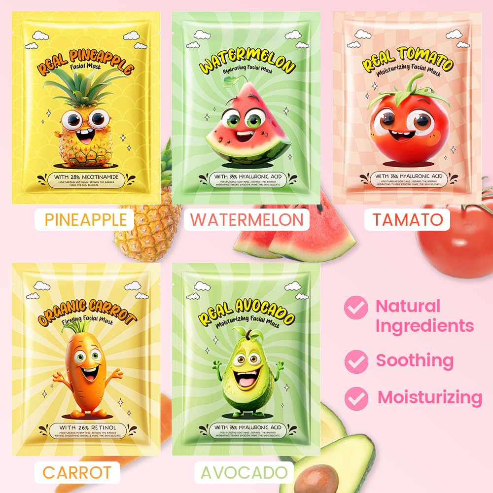 Kaely 10 Pack Fruit Face Masks for Kids, Kids Face Mask Spa Day kit Supplies, Spa Party Favors for Teens Girls Women, Sheet Facial Mask Skincare Gifts Set, Moisturize Soothe for All Skin Types, 01 - Image 2
