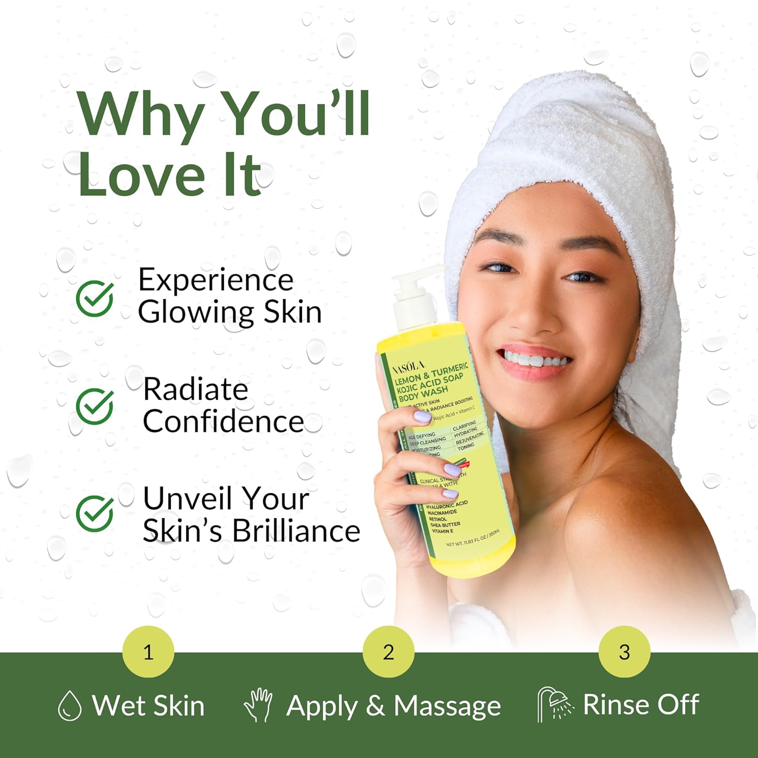 Lemon Turmeric Kojic Acid Soap Body Wash - Natural Gentle Face & Skin Cleanser with Vitamin C, Shea Butter, Collagen, Niacinamide, Hyaluronic Acid, and Aloe Vera - 11.83 Fl Oz - Image 3