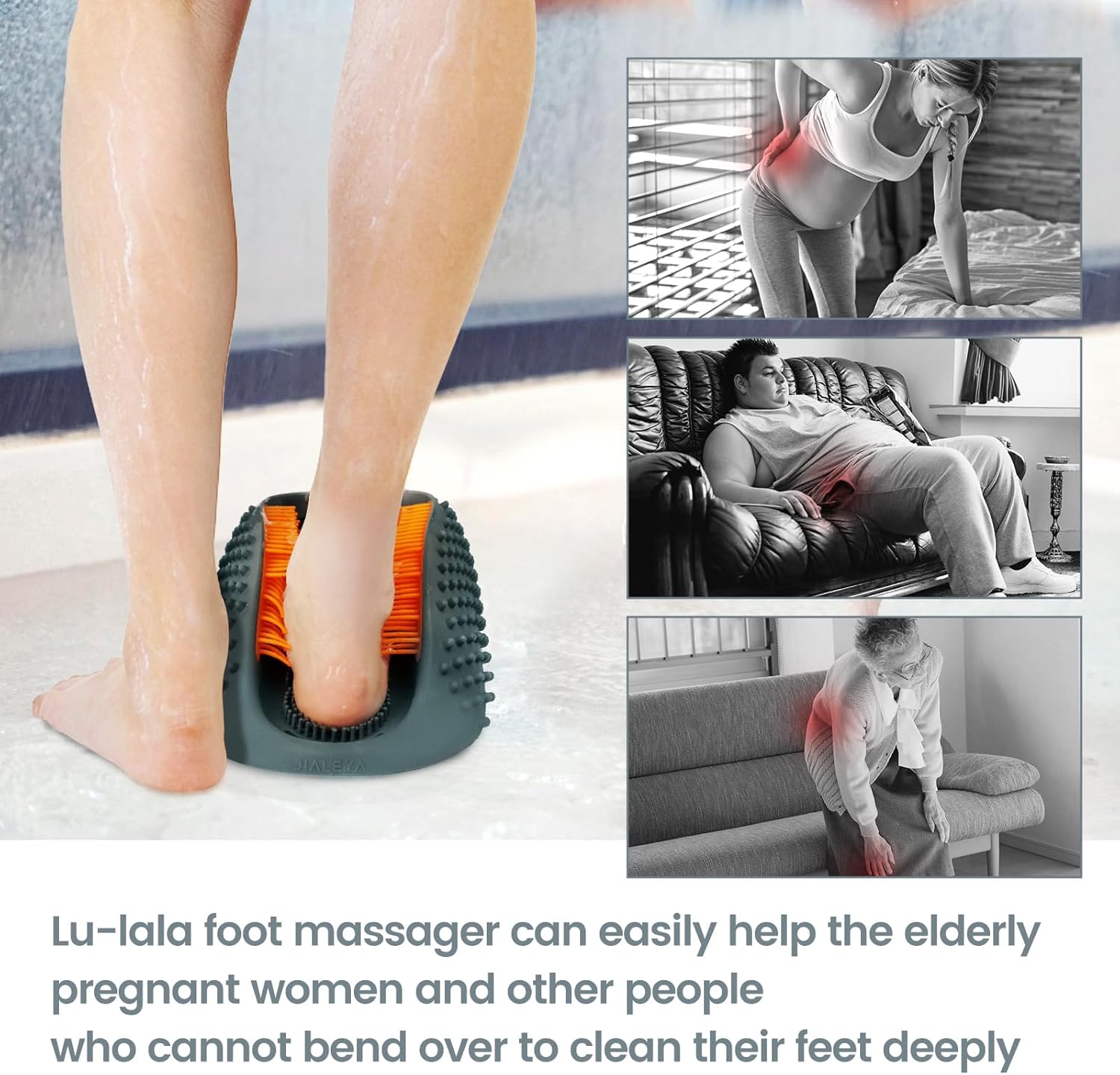Lu-lala Shower Foot Scrubber - Portable Manual Foot Massager Cleaner Care for Soothe Feet Neuropathy Achy, Improve Foot Circulation - Wet and Dry use, Fits Plus Size Feet (Gray-Orange) - Image 7