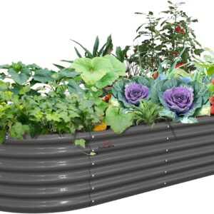 A ANLEOLIFE 8X4X1.5 ft Galvanized Raised Garden Beds Outdoor, Oval Large Metal Planter Box for Planting Vegetables Flowers Herb, Anti-Rust & Easy-Setup, Quartz Grey