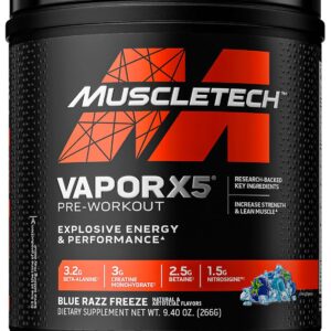 MuscleTech Pre-Workout Powder, Vapor X5 - Sports Nutrition Muscle Building Supplements for Women & Men - Intense Muscle Pump Energy Powder Drink Mix - Blue Razz Freeze, 266g (30 Servings)