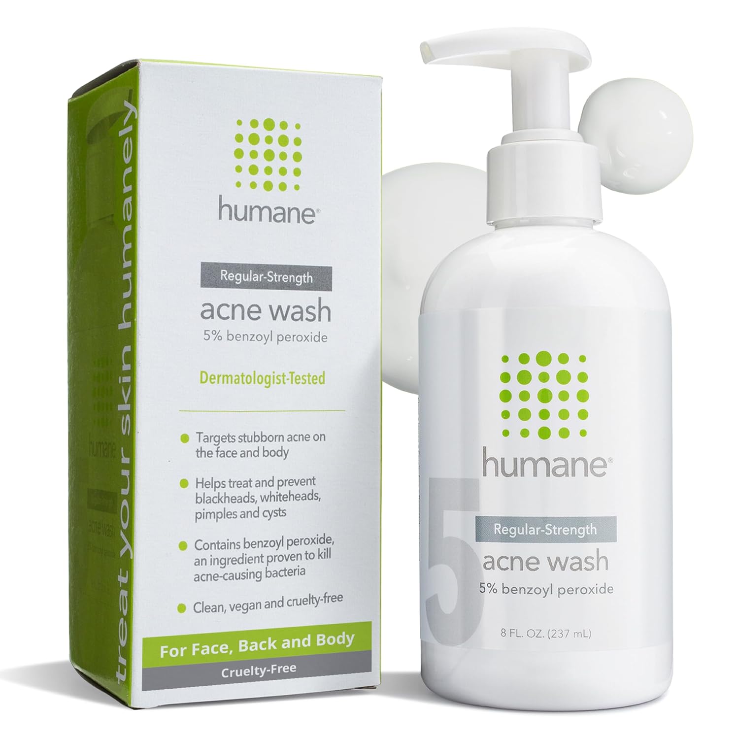 humane Benzoyl Peroxide Acne Body Wash - 5% Regular-Strength Acne Treatment for Face, Skin, Back and Body - 8 Fl Oz - Dermatologist-Tested Non-Foaming Cleanser - Vegan, Cruelty-Free