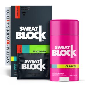 SweatBlock MAX STRENGTH Deodorant System for Women | Hyperhidrosis Aid for Excessive Sweating & Underarm Odor | 10 Wipes + 1 Coconut & Vanilla Deodorant Stick (2.7oz)