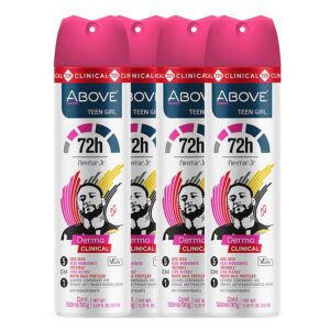 ABOVE 72 Hours Derma Clinical Antiperspirant Deodorant, Neymar Jr Teen Girl, 4 Pcs - Deodorant for Teens - Red Fruits and Vanilla Notes - Dry Spray