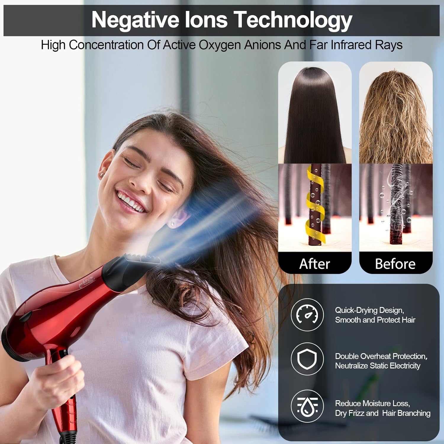 1875W Professional Salon Hair Dryer Cola Red with 2 Nozzles and 3 Heat Settings - Image 4
