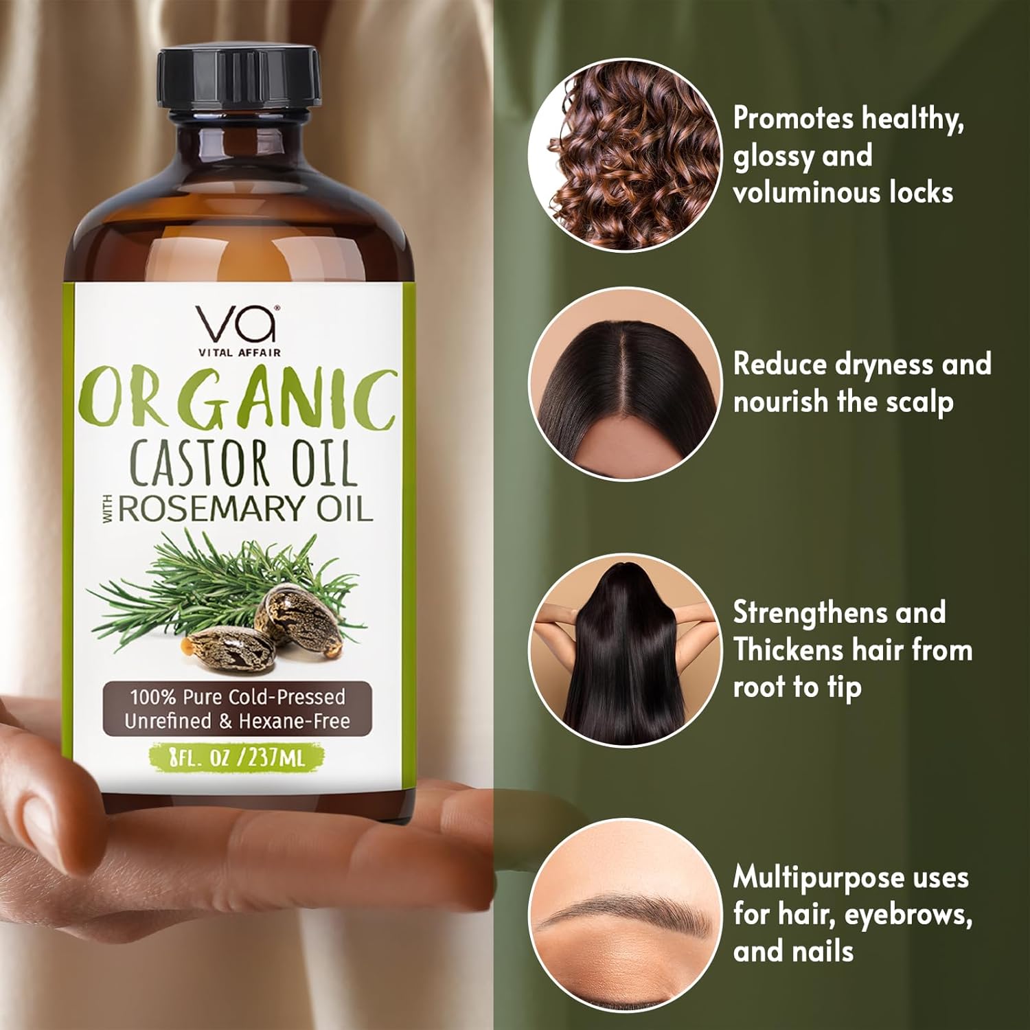 Organic Castor Oil With Rosemary Oil For Hair Growth - 100% Pure Rosemary Hair Oil With Pure Castor Oil Cold Pressed Unrefined Glass Bottle - Strengthening & Volumizing 8 Fl Oz - Image 6