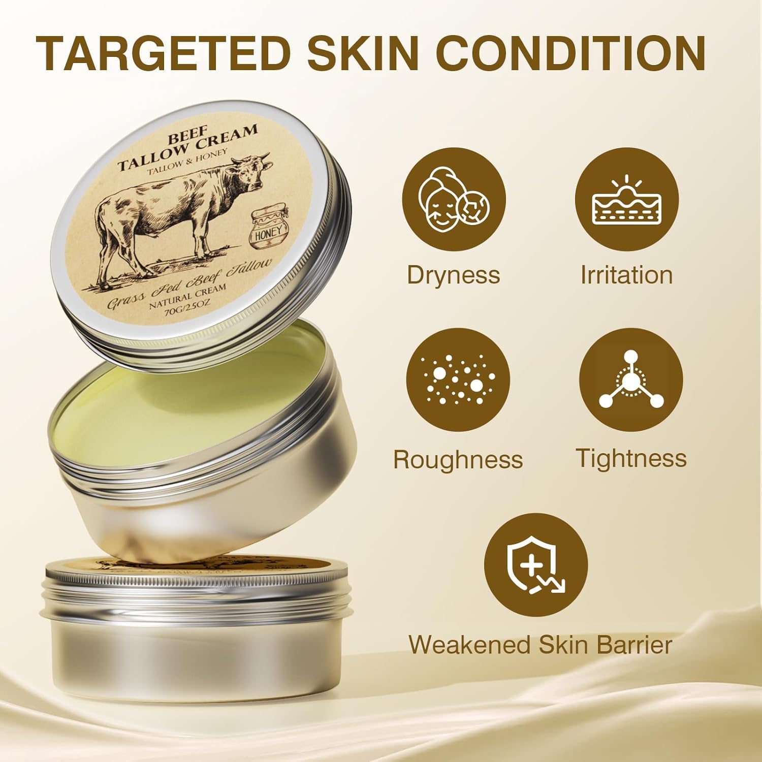 Beef Tallow for Skin, Tallow and Honey Cream,Tallow Face Moisturizer, Natural Grass-Fed Beef Tallow Balm with Raw Honey Moisturizing Cream for Body Lotion Skin Care for Skin (2.47 Oz) - Image 2