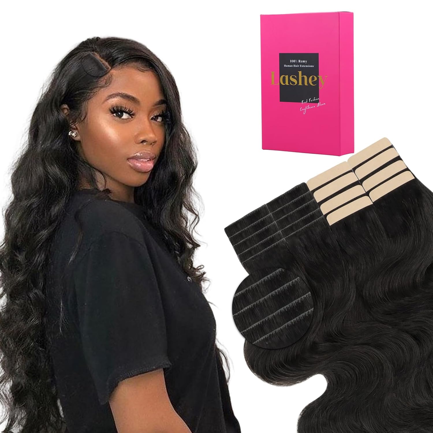 Lashey Invisi Edge Tape in Hair Extensions Human Hair, Natural Black 16 inch 50g Body Wave, 10pcs Injected with 10pcs Classic Tape ins, Real Virgin Human Hair Invisible Seamless Tape in Extensions