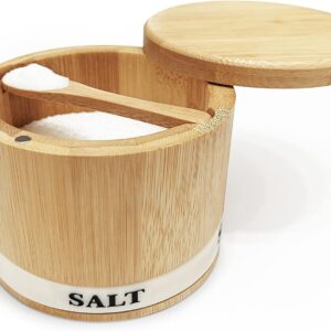 Salt Box Bamboo Salt Container with Swivel Lid with Magnetic to Easily Open and Seal Salt Cellar With Spoon for Storing Salt Pepper Sugar Herbs Small Spice Box