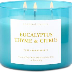 Eucalyptus Thyme Citrus Scented Candle - Large 3 Wick Soy Candle 15.8 oz - Aromatherapy Candle for Relaxation & Stress Relief - Calming Herbal Spa Scent - Long Lasting Candles for Women & Men