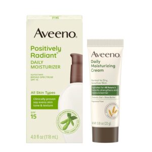 Aveeno Positively Radiant Hydrating Face Moisturizer with SPF 15 Sunscreen + Soy, Visibly Improve Skin Tone and Texture, 2.3 fl oz & Trial Size Daily Moisturizing Cream for Body, Face, & Hands, 0.8 oz