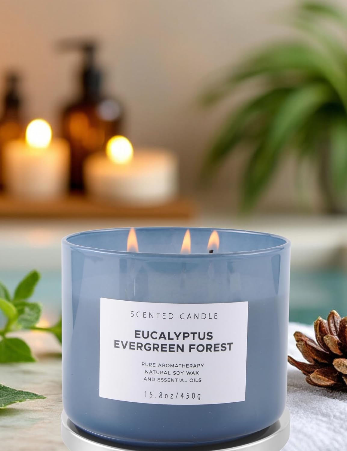 Eucalyptus Evergreen Forest 3 Wick Scented Candle | Luxury Soy Candles for Home | Relaxing Aromatherapy Stress Relief Candle 15.8 oz | Clean Burn Long Lasting Balsam Fir Woods Candles for Men & Women - Image 7