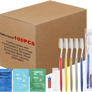 Bulk Hygiene Kits for Homeless,Disposable Toothbrushes with Toothpaste 5 gram,Floss Individually Wrapped,Travel Size Shampoo,Body Wash and Liquid Laundry Detergent for Air Bnb Charity (100)