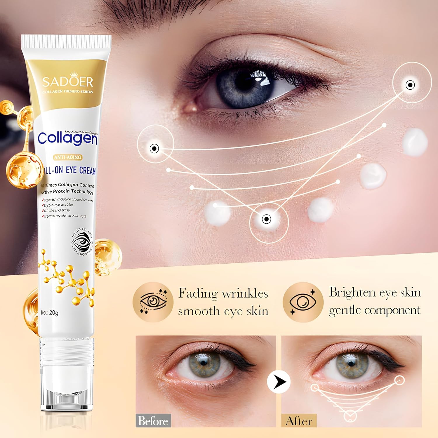 Age Correcting Eye Cream, Anti-Aging Hyaluronic Acid, Collagen & Caffeine Reduce Wrinkles, Dark Circles & Under Eye Puffiness, Lift, Firm & Brighten Eyes, Ice Roller For Under Eye Bags And Puffy Eyes - Image 5
