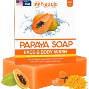 Natrulo Papaya Soap Face & Body Wash – Skin Brightening Papaya Soap Bar for Dark Spots – Reduce Acne, Cleanse Scars, & Even Skin Tone – with Turmeric, Kojic Acid, & Essential Oils – for All Types