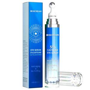 Eye Cream with 5% Caffeine Hyaluronic Acid for Puffy, Fine Lines, Dark Circles and Wrinkles, Under Eye Serum with 360° Roller Massage Ball, Eyelids Skin Care for Women & Men, 0.5 fl. oz