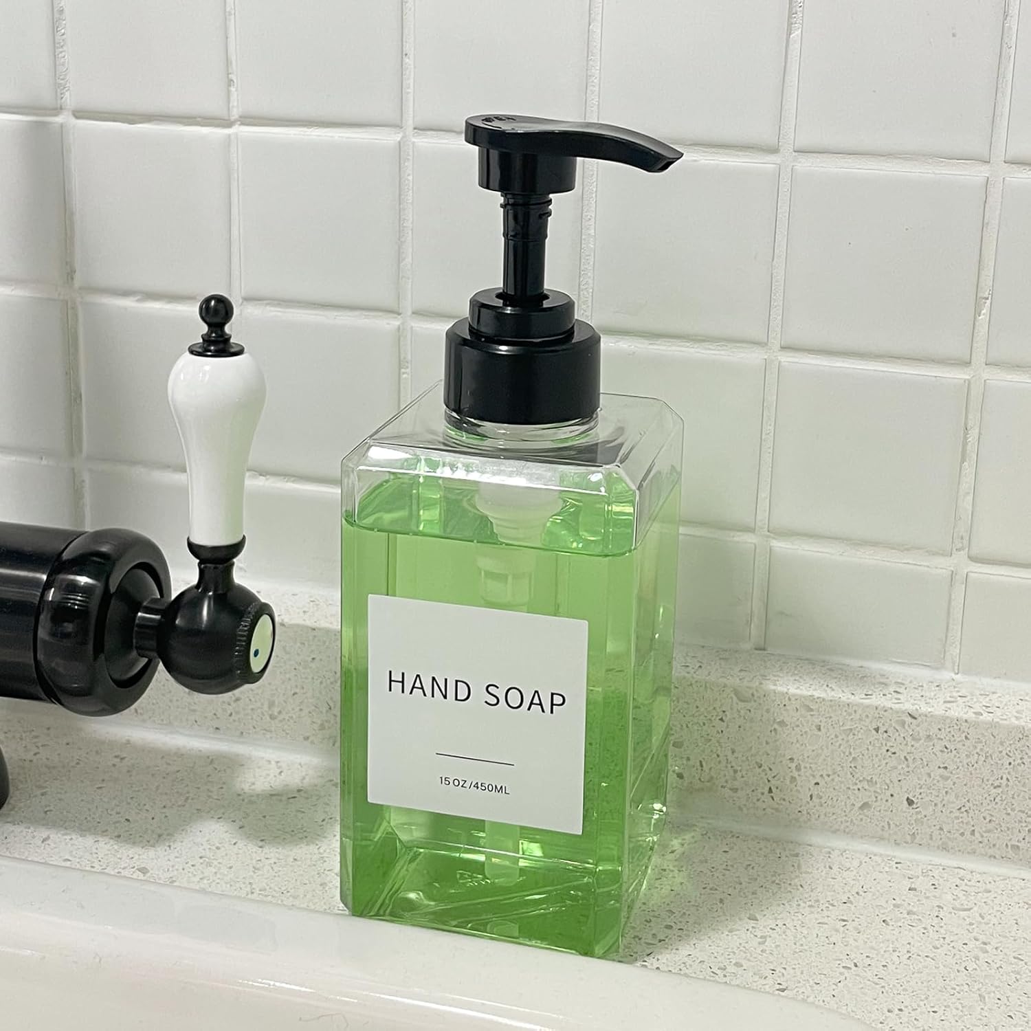 Clear 15oz Thick Plastic Soap Dispenser Set with Waterproof Labels 2 Pack - Image 5