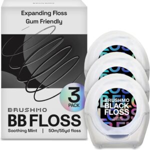 Brushmo Black Floss (BB Floss) - Expanding Gum-Friendly Soothing Mint Dental Floss, Natural Wax Helps Remove Plaque from Teeth, US-Dentist Designed PTFE & PFAS Free Oral Care, 3 Spools, 165 yd, Vegan