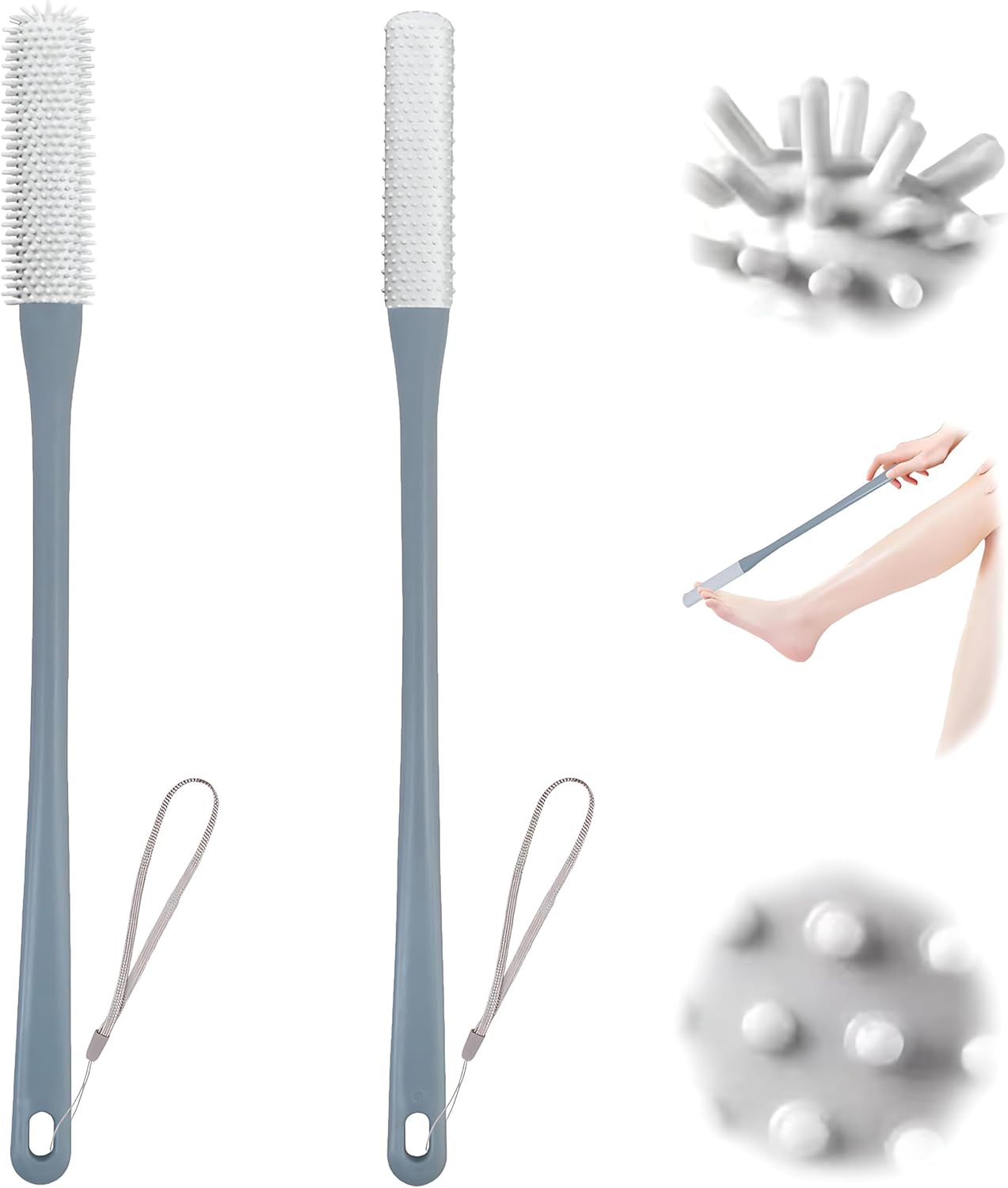 2Pack 15.7" Foot Scrubber in Shower with Long Handle Silicone Foot Brush Soft Skin Exfoliation Gap Brush for Seniors, Elderly, Men and Women (Gray)