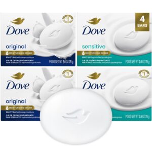 Dove Beauty Bar Soap Variety 4-Pack – Sensitive Skin, Fragrance-Free + Original, with Moisturizing Cream, 2.6 Oz Ea
