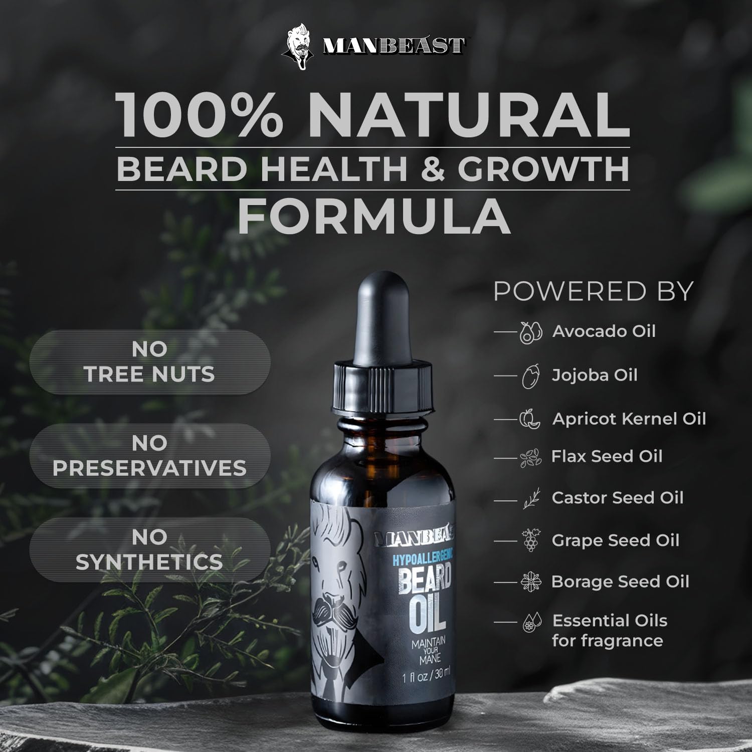 Nut-Free Hypoallergenic All Natural Beard Oil for Men - 30ml Mustache Conditioner Moisturizer - Image 3