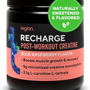 Legion Recharge Post Workout Supplement - All Natural Muscle Builder & Recovery Drink With Micronized Creatine Monohydrate. Naturally Sweetened & Flavored, Safe & Healthy. (Blue Raspberry, 60 Serving)