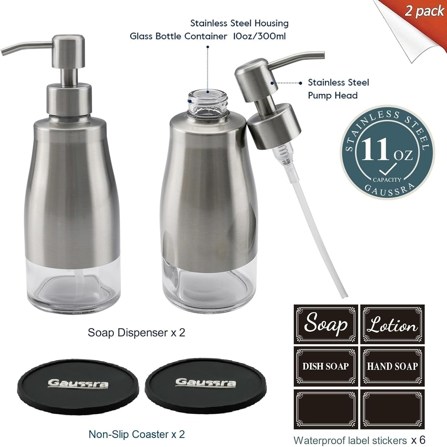 2 Pack Brushed Nickel Refillable Soap Dispenser Set with Coaster and Stickers for Kitchen Bathroom - Image 2