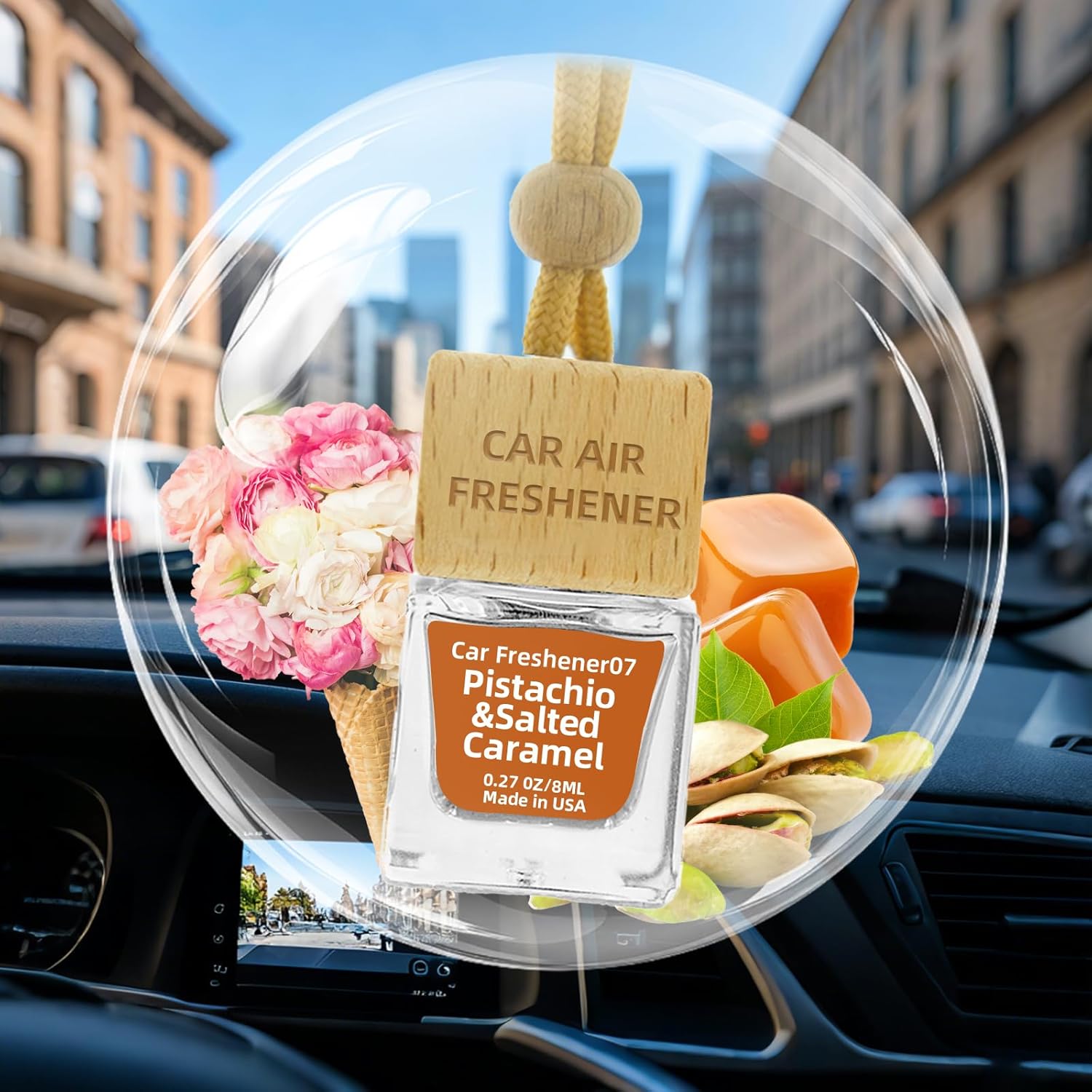 Bayrumber Hanging Car Freshener, 2 x 8ml Long-Lasting Natural Air Diffusers, Pistachio & Salted Caramel, Non-Toxic & Eco-Friendly Car Accessories, Gift for Women, Lasts Up to 90 Days, Made in USA - Image 4