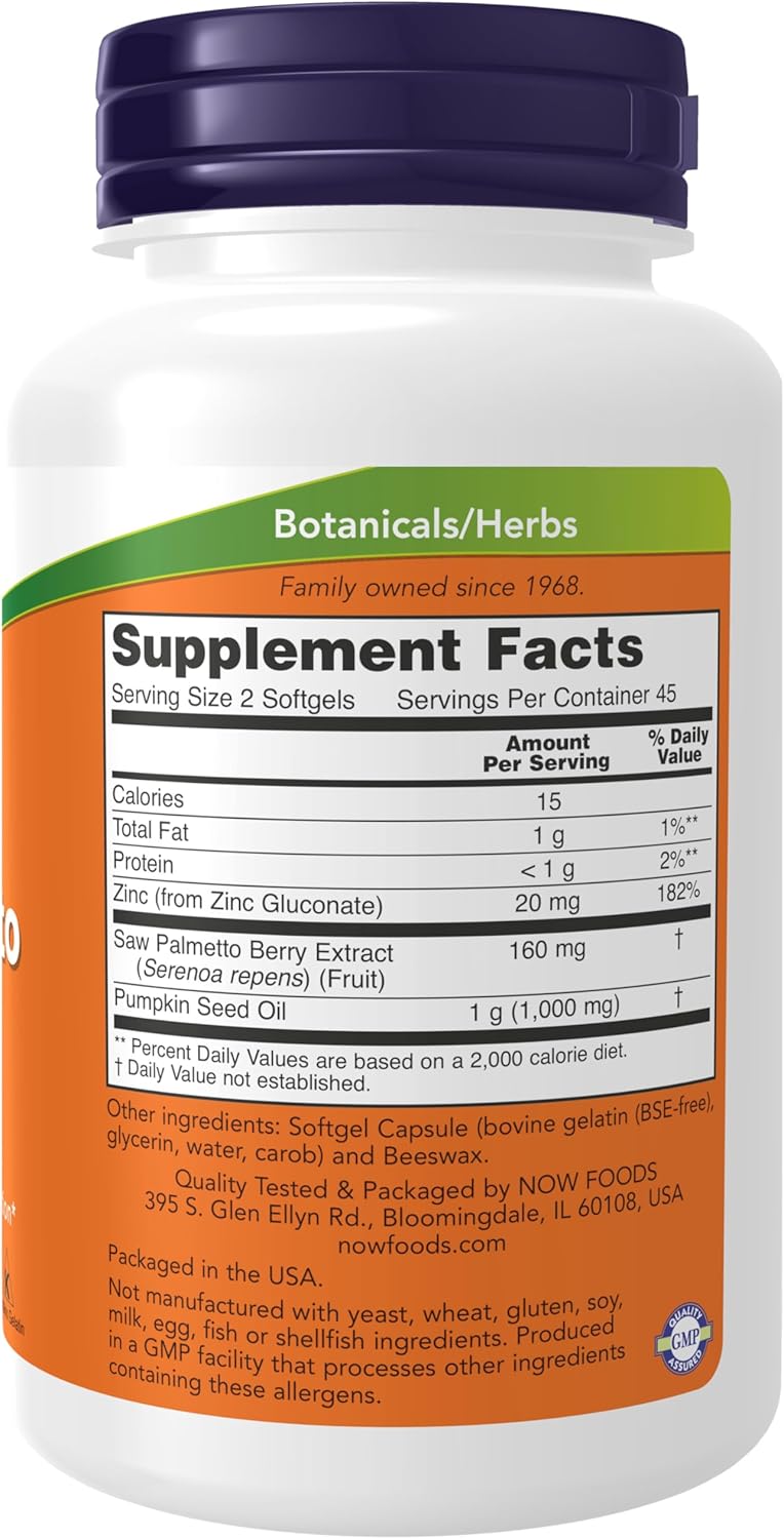 NOW Foods Supplements, Saw Palmetto Extract with Pumpkin Seed Oil and Zinc, Men's Health*, 90 Softgels - Image 2