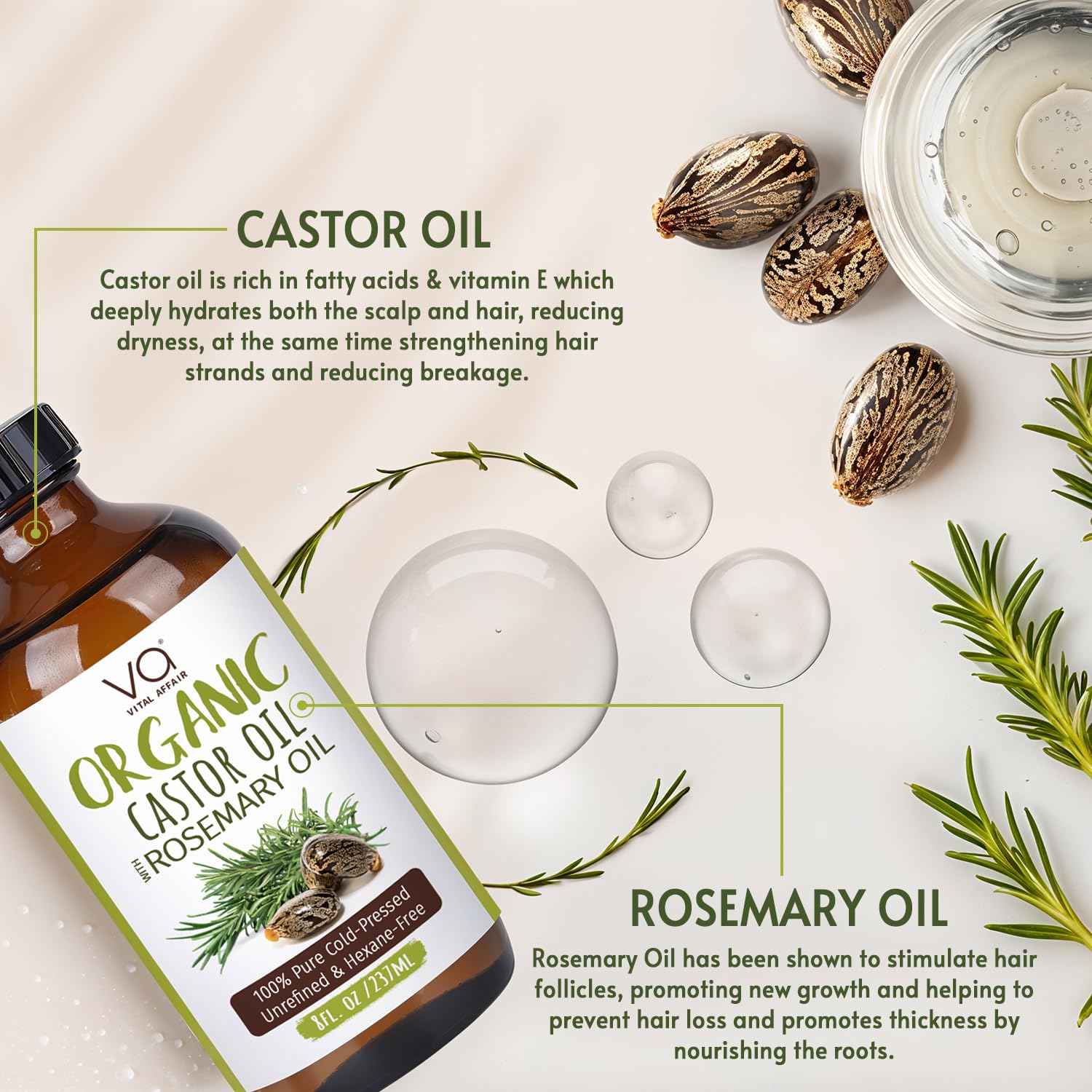 Organic Castor Oil With Rosemary Oil For Hair Growth - 100% Pure Rosemary Hair Oil With Pure Castor Oil Cold Pressed Unrefined Glass Bottle - Strengthening & Volumizing 8 Fl Oz - Image 4
