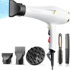 Professional Ionic Hair Dryer AC Motor Fast Drying Salon Blow Dryer with Diffuser, Comb, Nozzle, Concentrator, for Curly and Straight Hair, 2 Speed & 3 Heat Setting, Cool Button, White