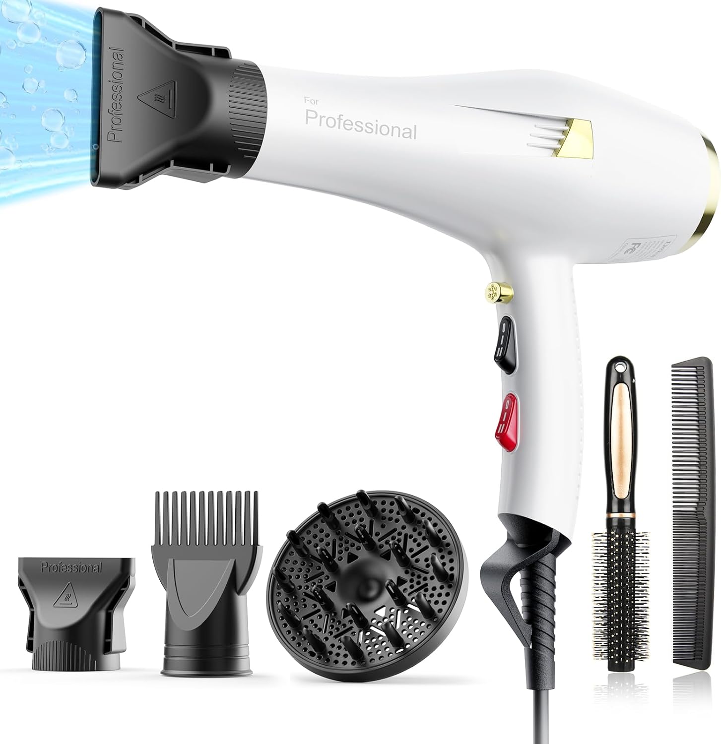 Professional Ionic Hair Dryer AC Motor Fast Drying Salon Blow Dryer with Diffuser, Comb, Nozzle, Concentrator, for Curly and Straight Hair, 2 Speed & 3 Heat Setting, Cool Button, White