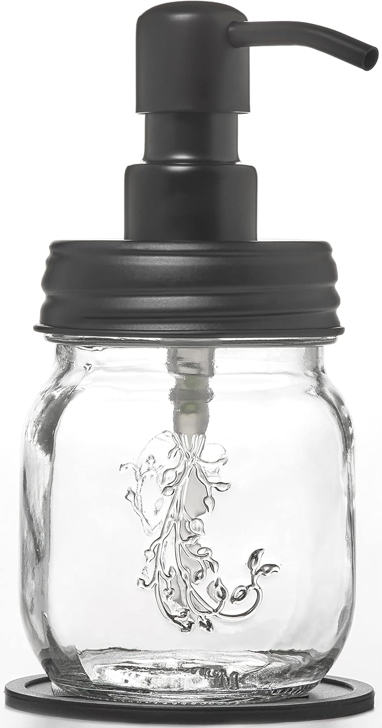 Petite 12oz Mason Jar Soap and/or Lotion Dispenser with Gloss Black Soap Dispenser Pump and Non Slip Coaster for Hand Sanitizer, Liquid Soap or Hand/Body Lotion (Gloss Black, Single 12oz)