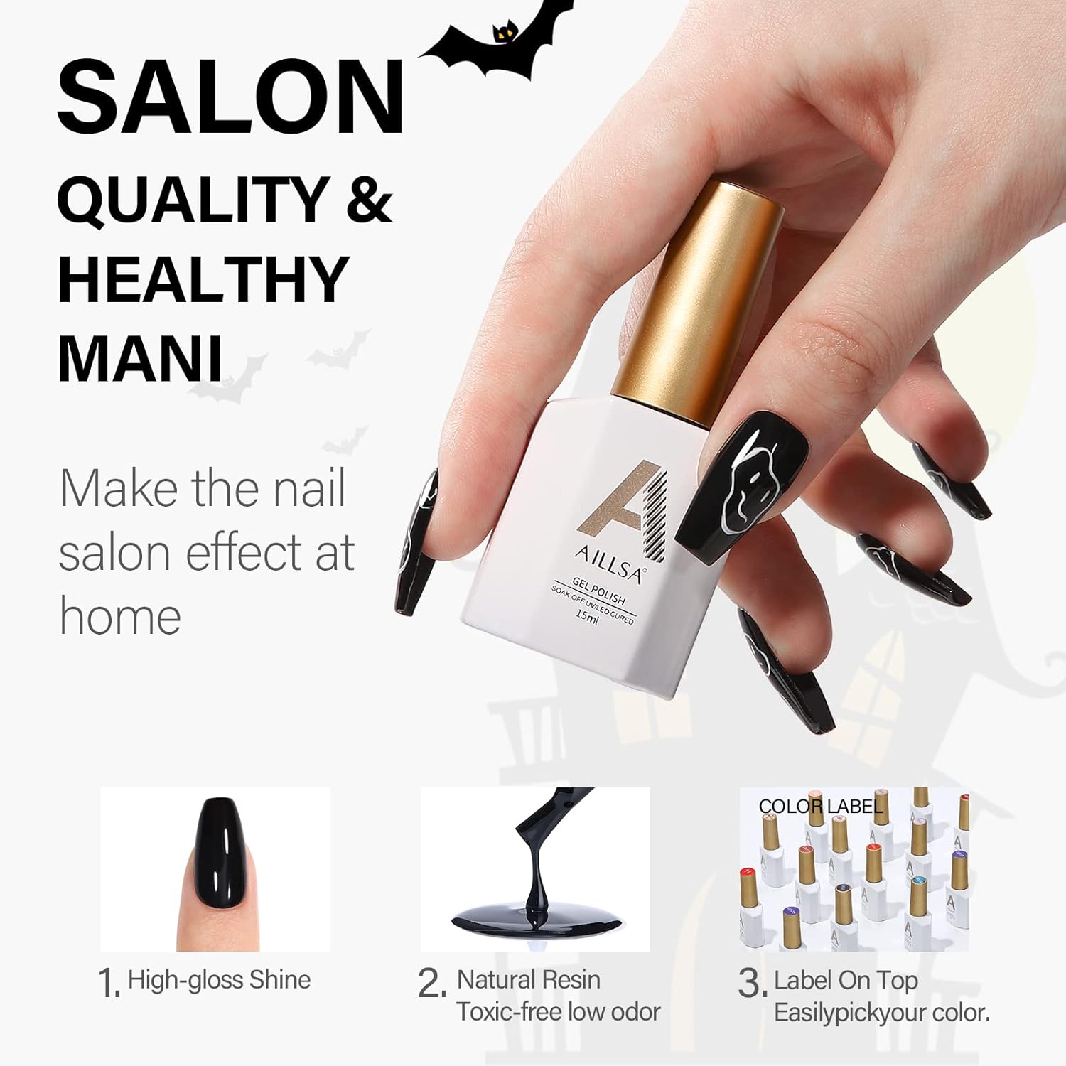 AILLSA Black Gel Nail Polish 0.51 Fl Oz Long Lasting Opaque High Gloss - Image 6