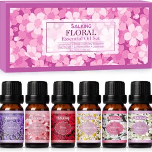 SALKING Floral Essential Oils Set, Premium Pure and Natural Essential Oils, Fragrance Oil Scented Oils for Oil Diffusers 6 x 10 ML - Lavender, Rose, Jasmine, Cherry Blossom, Gardenia, Chamomile