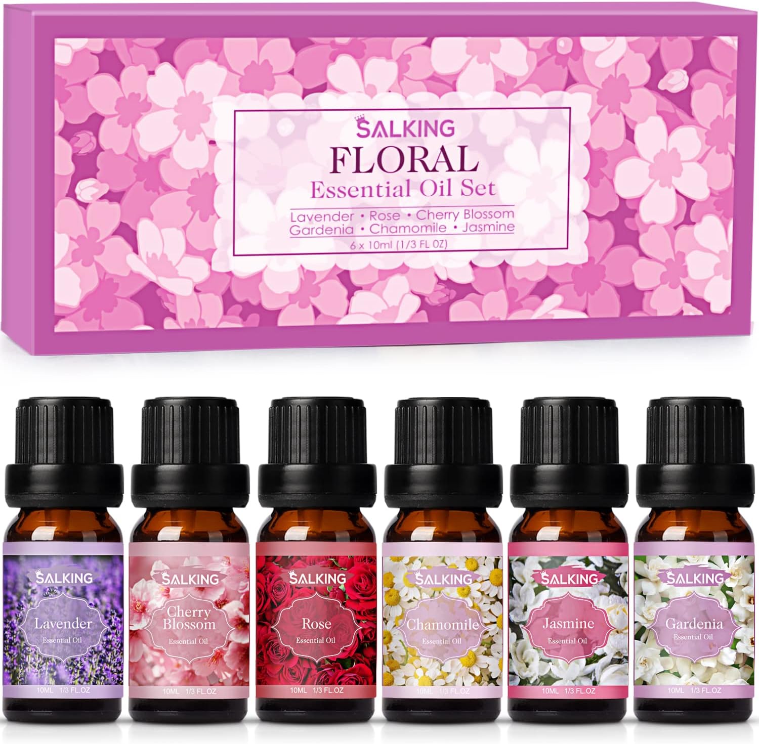 SALKING Floral Essential Oils Set, Premium Pure and Natural Essential Oils, Fragrance Oil Scented Oils for Oil Diffusers 6 x 10 ML - Lavender, Rose, Jasmine, Cherry Blossom, Gardenia, Chamomile