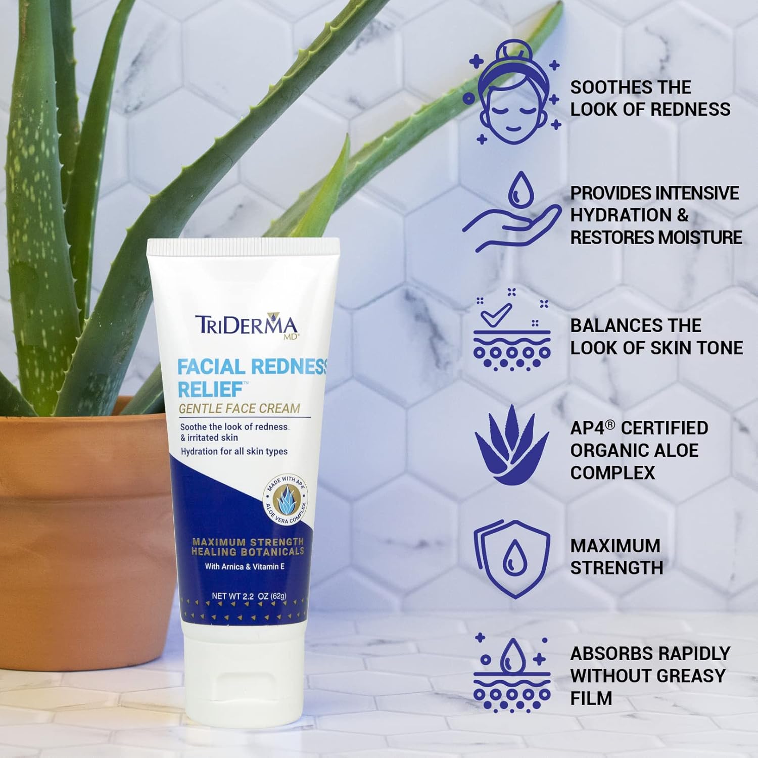 TriDerma Facial Redness Relief Gentle Face Cream, Soothing & Relieving Daily Moisturizer for Redness, Repair Uneven Skin Tone, Irritated or Sensitive Skin | Day/Night | (2.2 Oz. Tube) - Image 3