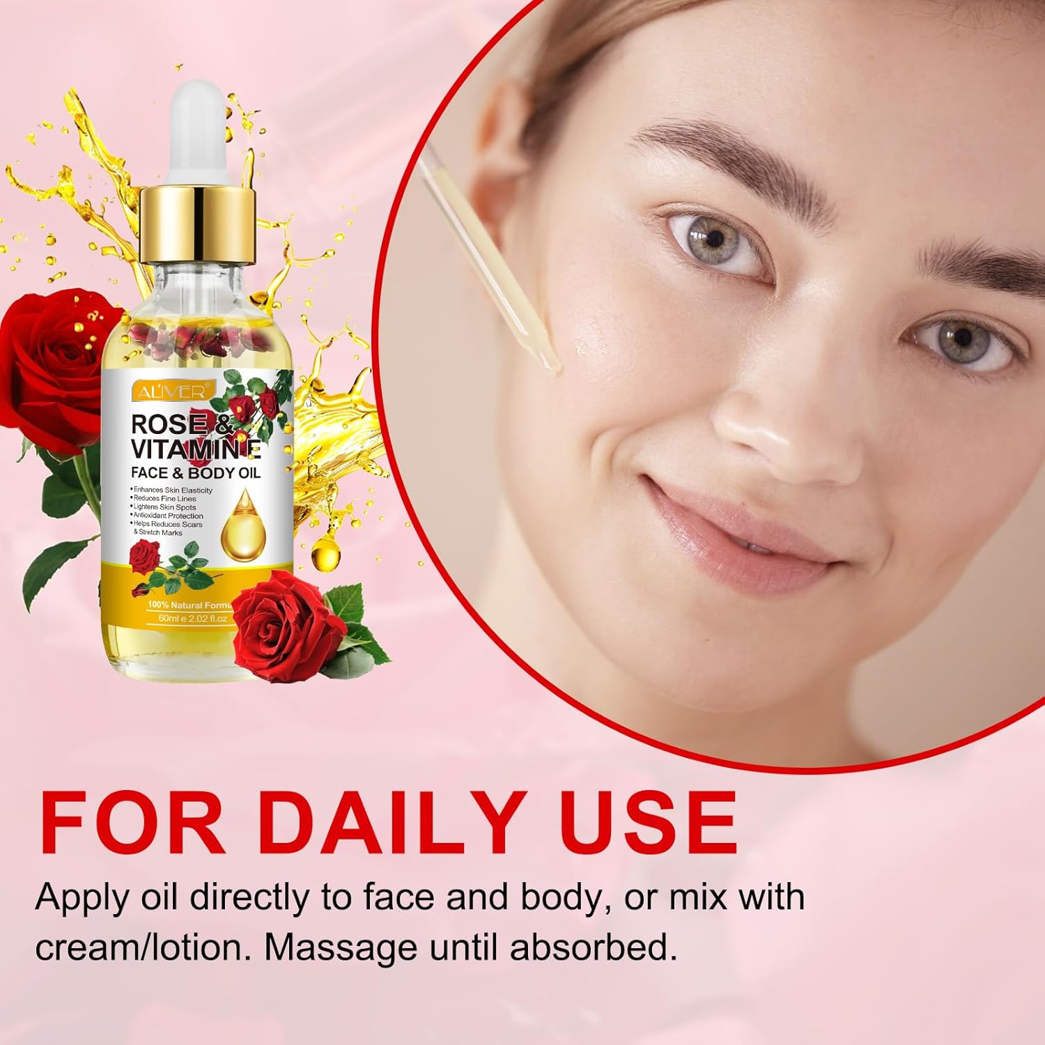 Rose Oil for Face with Rose Petal Flower, Organic Vitamin E Oil for Anti-aging, Scars & Stretch Mark, Gua Sha Face Oil, Natural Massage Body Oil Scented for Dry Skin, Scalp and Nail - 60ml - Image 6