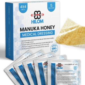 Hilom Medical Grade Manuka Honey Gauze Dressing 4 inch x 4 inch (5 Pack - Non-Adherent) | First Aid for Minor Wounds Such as Cuts or Advanced Wound Care of Bed Sores, Burns, or Lacerations