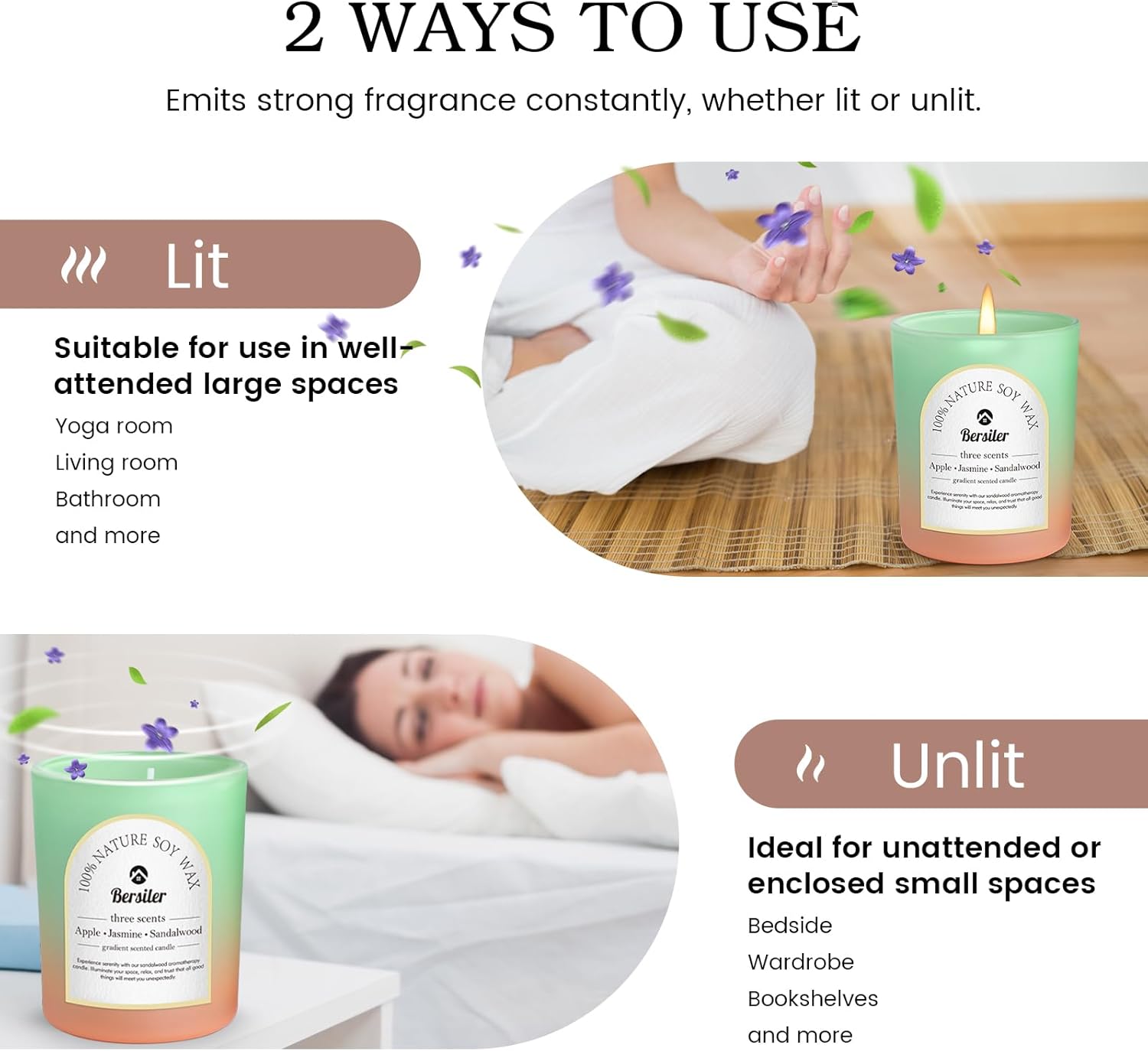 Apple Jasmine Sandalwood Scented Candles Set 5.3oz 35 Hours Burn Time Aromatherapy - Image 6