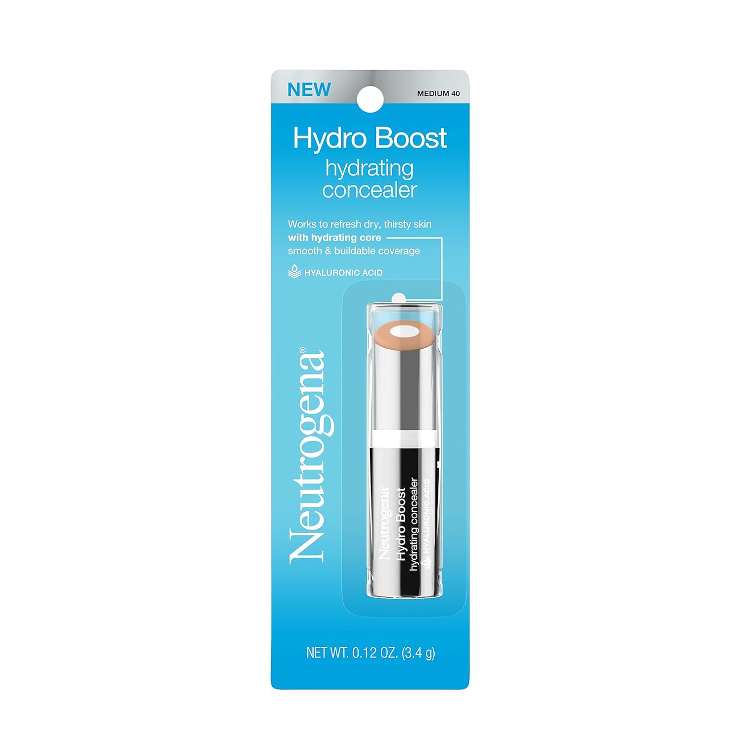 Neutrogena Hydro Boost Hydrating Concealer Stick for Dry Skin, Oil-Free, Lightweight, Non-Greasy and Non-Comedogenic Cover-Up Makeup with Hyaluronic Acid, 40 Medium, 0.12 Oz - Image 2