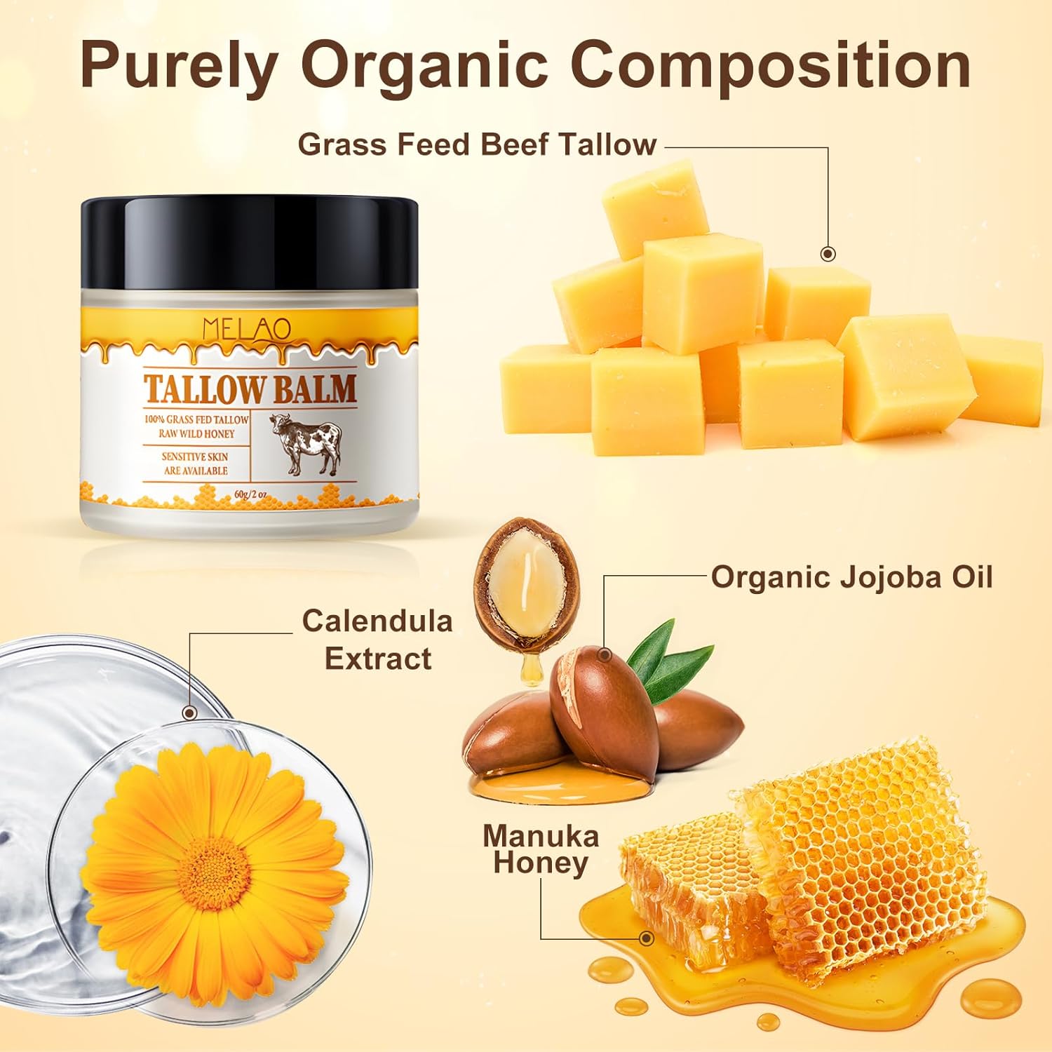 Beef Tallow Honey Balm for Skin - Grass Fed Beef Tallow Honey Moisturizer for Face,Whipped Organic Unscented Fast Absorption Tallow Cream Infused with Manuka Honey Beeswax Olive Oil (2 oz) - Image 2